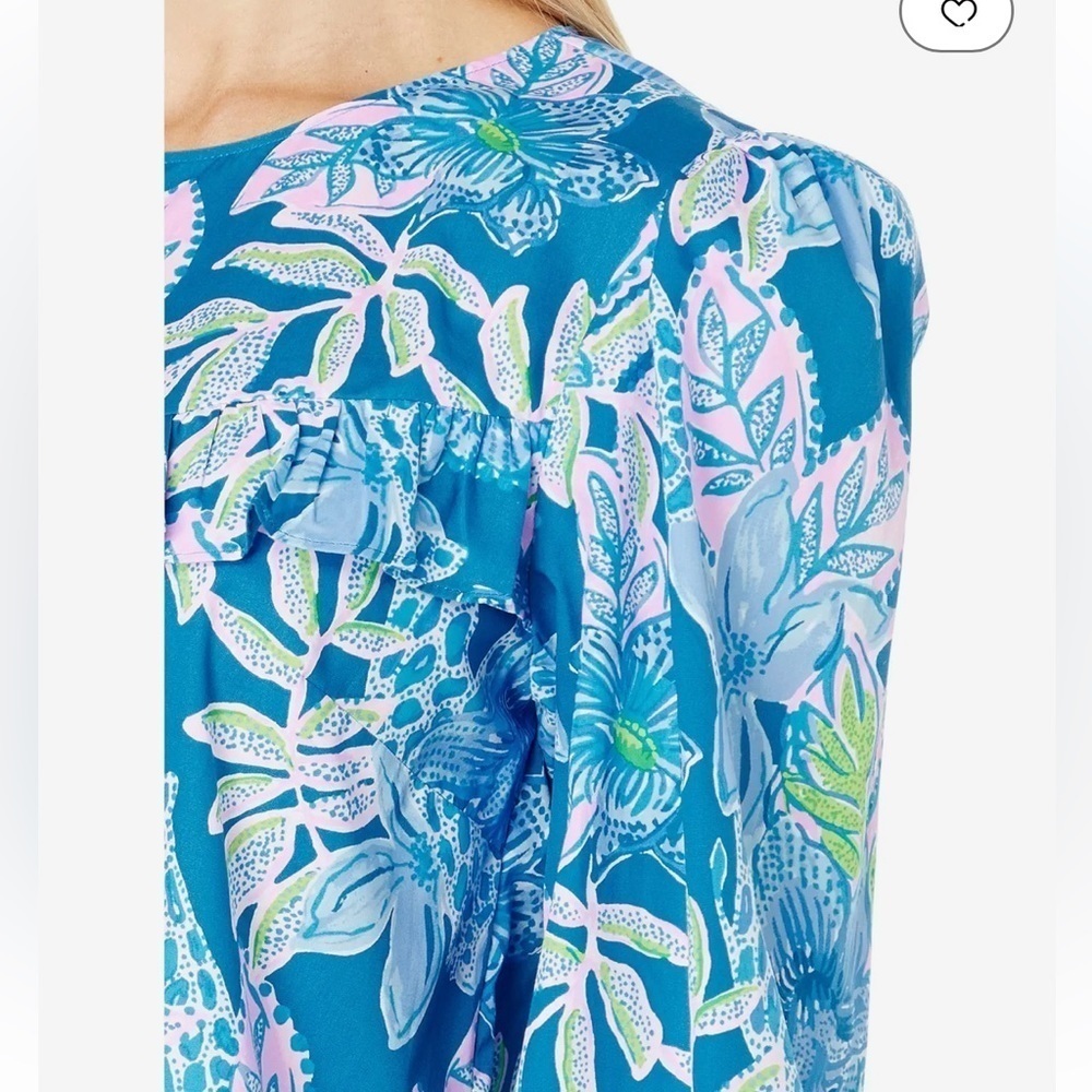 Lilly Pulitzer Blue Bell Sleeve Blouse XL Multicolor Ruffle Cotton Top Summer - Picture 6 of 11